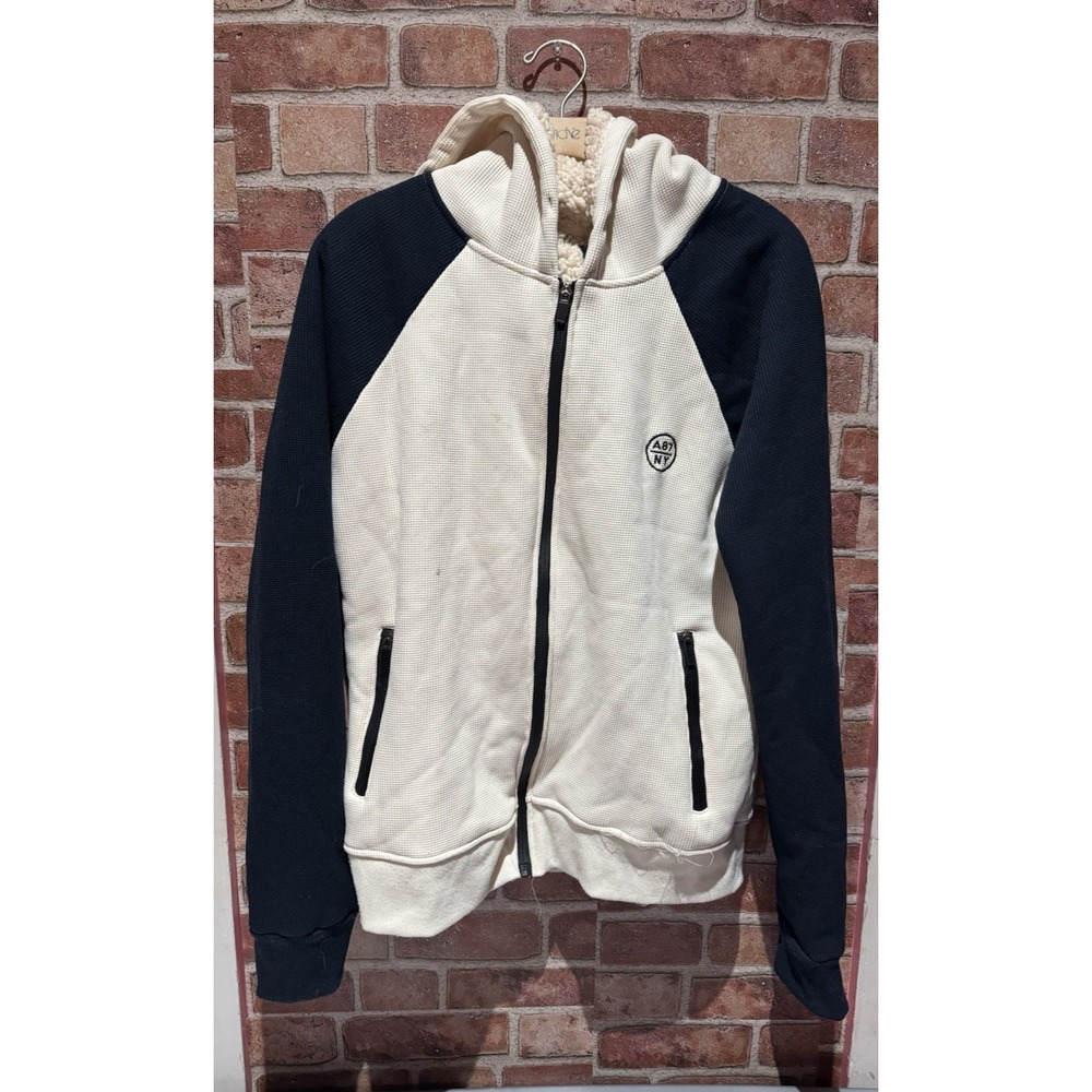 Areopostale Tight Knit Jacket Women's Size M Cream Toned&Navy Blue Full Zip Hood